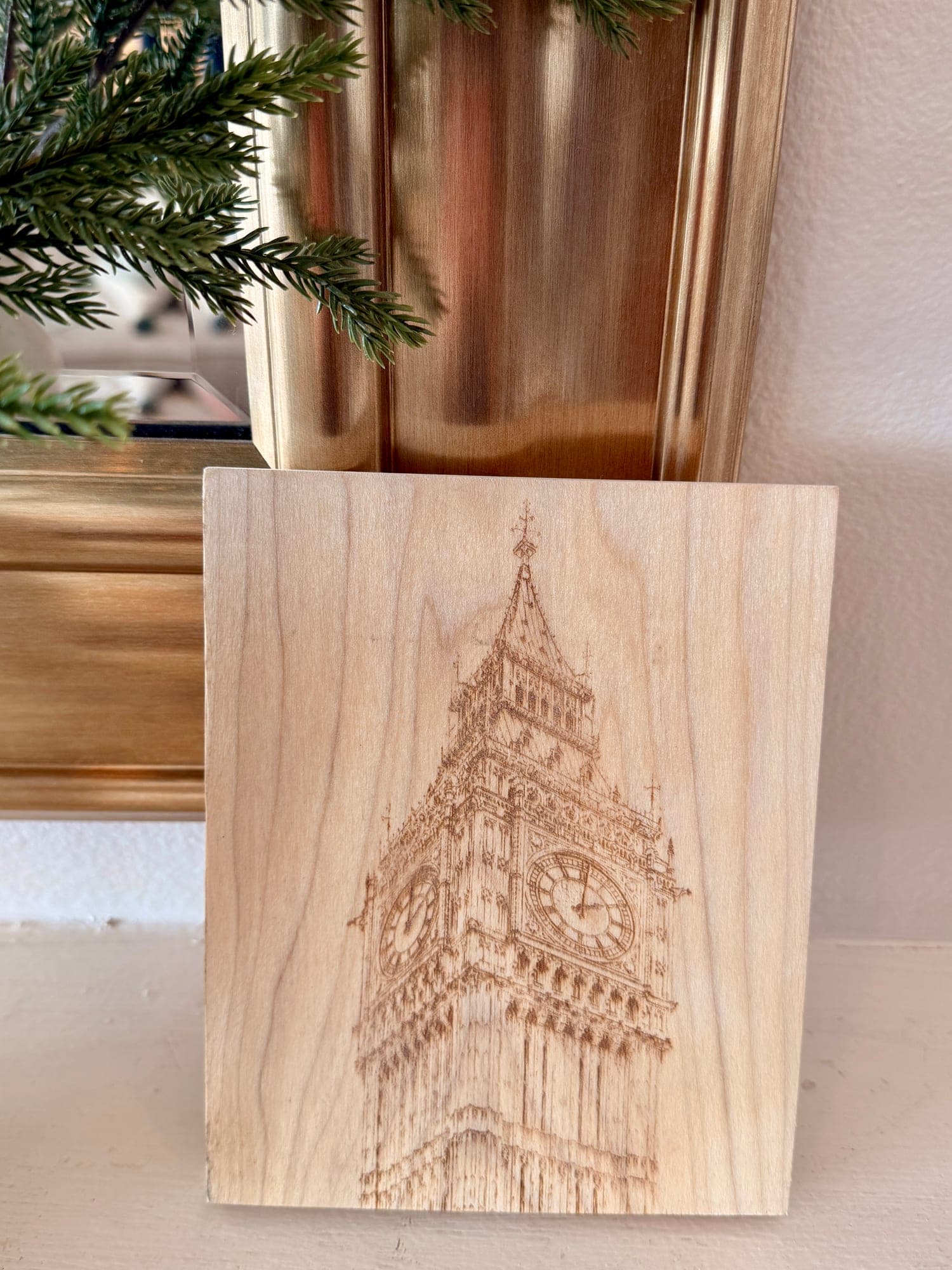 Big Ben laser engraved wood plaque — display shot