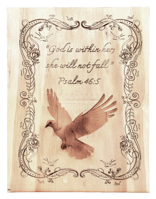 Wooden Dove Plaque — Psalm 46:5, engraved pine