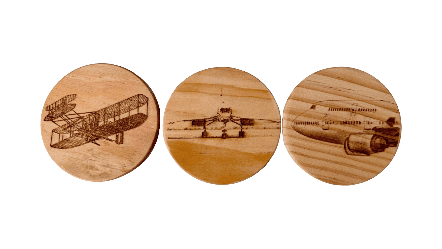 Landmarks of Aviation — Coaster Set, engraved pine