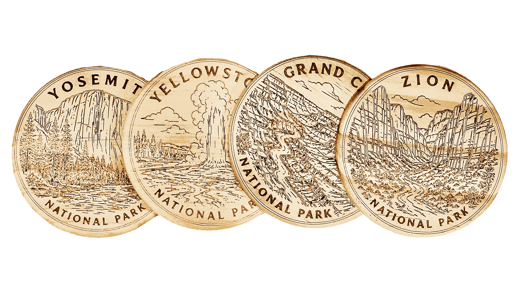 National Parks Coaster Set, engraved hardwood