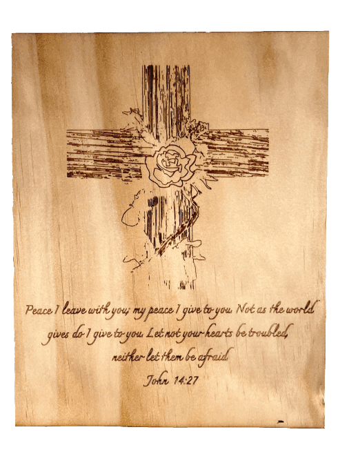 Cross Design with John 14:27, engraved pine